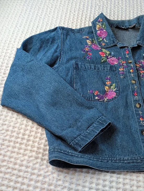 Painted Floral Blue Denim Jacket by Ptny - Picture 9 of 10